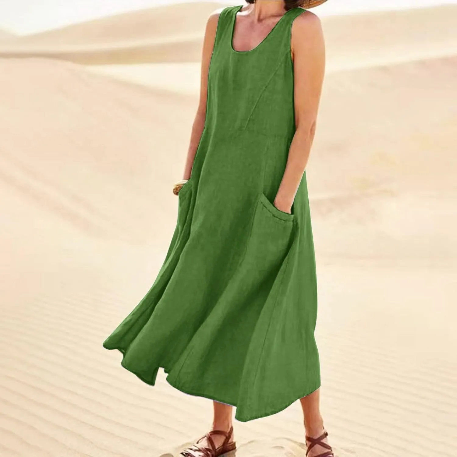 Summer Linen Dresses for Women 2025 Trendy Mini Sleeveless V Neck Outfit Beach Travel Vacation Dress Casual Fit Maxi