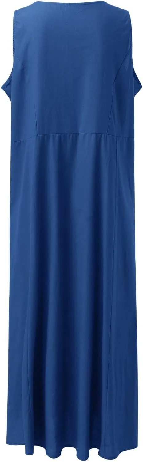 Summer Linen Dresses for Women 2025 Trendy Mini Sleeveless V Neck Outfit Beach Travel Vacation Dress Casual Fit Maxi