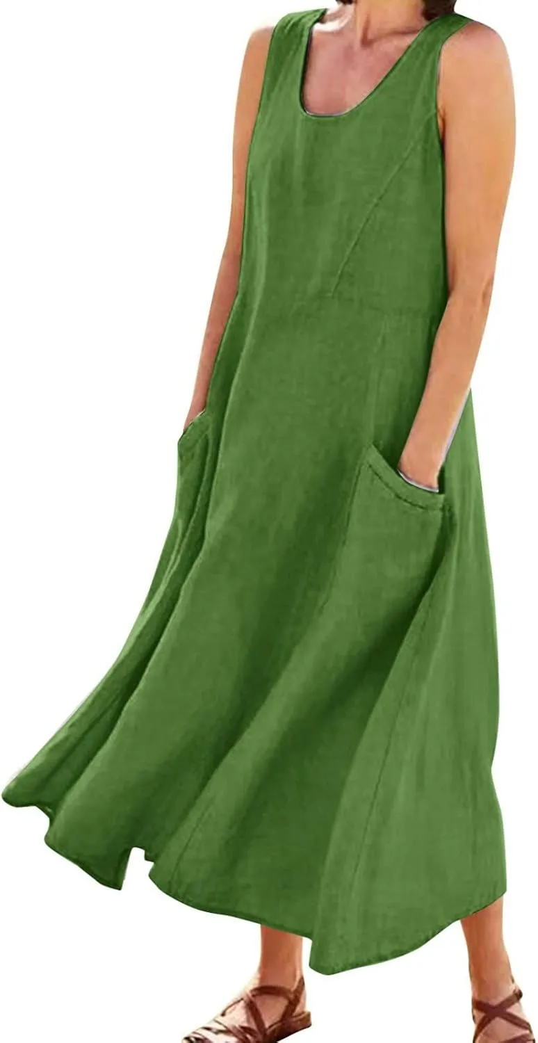 Summer Linen Dresses for Women 2025 Trendy Mini Sleeveless V Neck Outfit Beach Travel Vacation Dress Casual Fit Maxi