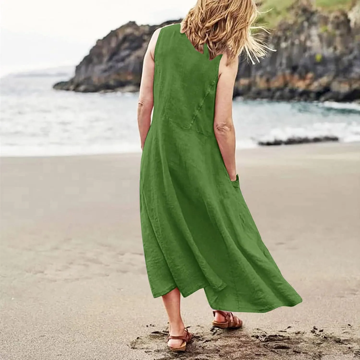 Summer Linen Dresses for Women 2025 Trendy Mini Sleeveless V Neck Outfit Beach Travel Vacation Dress Casual Fit Maxi