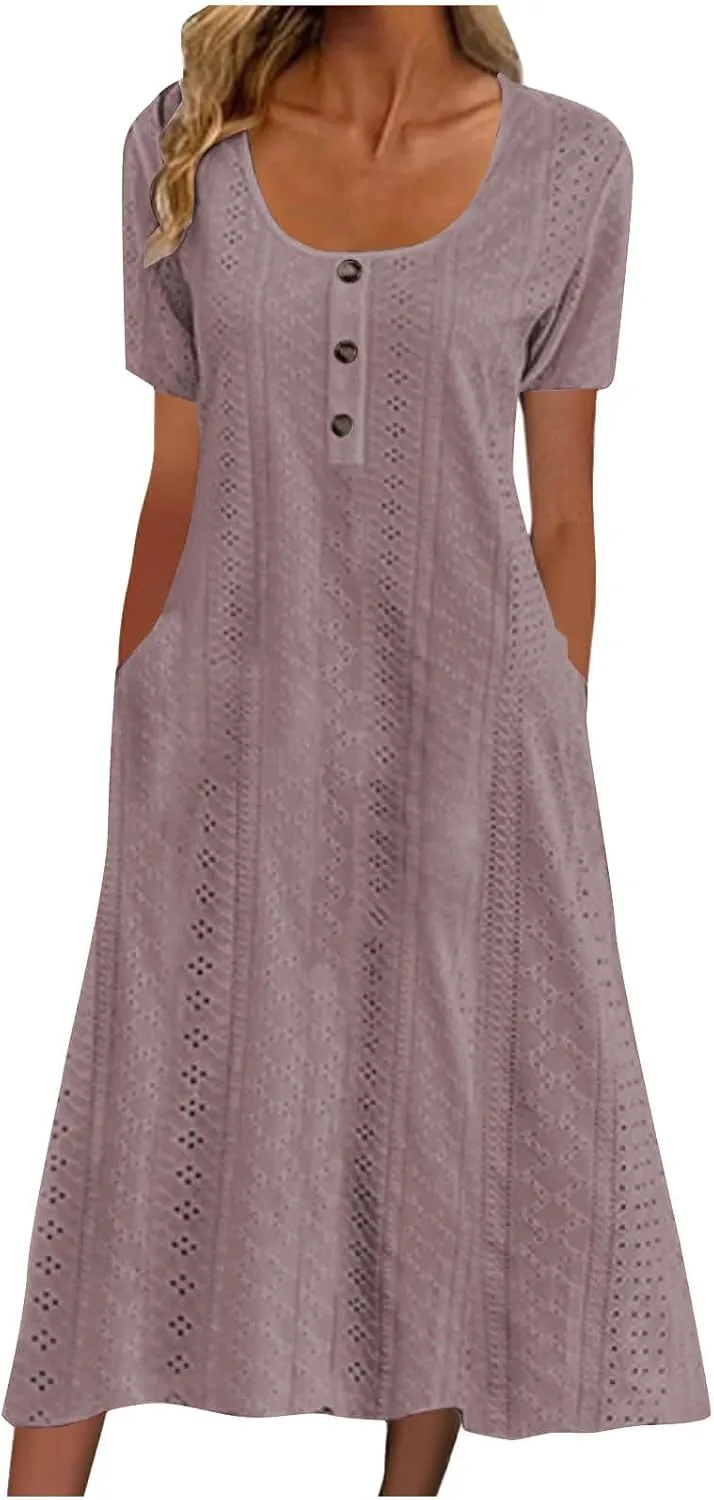Summer Midi Dresses for Women Boho Short Sleeve Eyelet Cover Up Dress Casual Flowy Swing Beach Sundress with Pockets