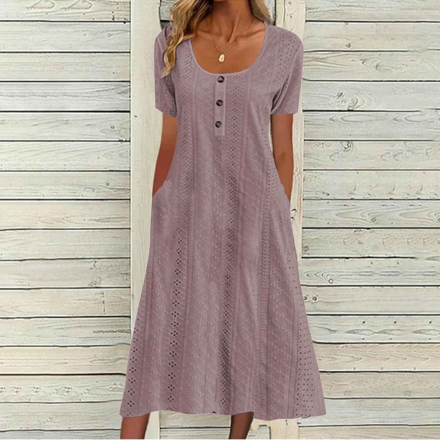 Summer Midi Dresses for Women Boho Short Sleeve Eyelet Cover Up Dress Casual Flowy Swing Beach Sundress with Pockets