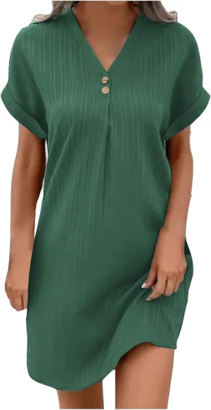 Summer Tshirt Dresses for Women Casual Loose Short Sleeve V Neck Dress Buttons Decor Comfy Solid Mini Dresses