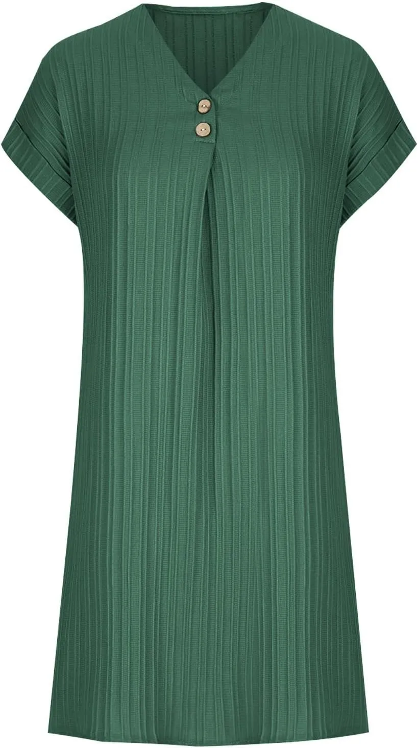 Summer Tshirt Dresses for Women Casual Loose Short Sleeve V Neck Dress Buttons Decor Comfy Solid Mini Dresses