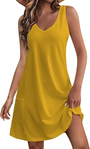 Sun Dresses for Women 2024 Sundress with Pockets Boho Beach Dress Floral T-Shirts Dress V Neck Loose Tank Dresses