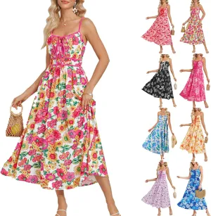 Sundresses for Women Summer Casual Sleeveless Floral Maxi Dresses Lace Up Corset Dress Boho Flowy Beach Dresses