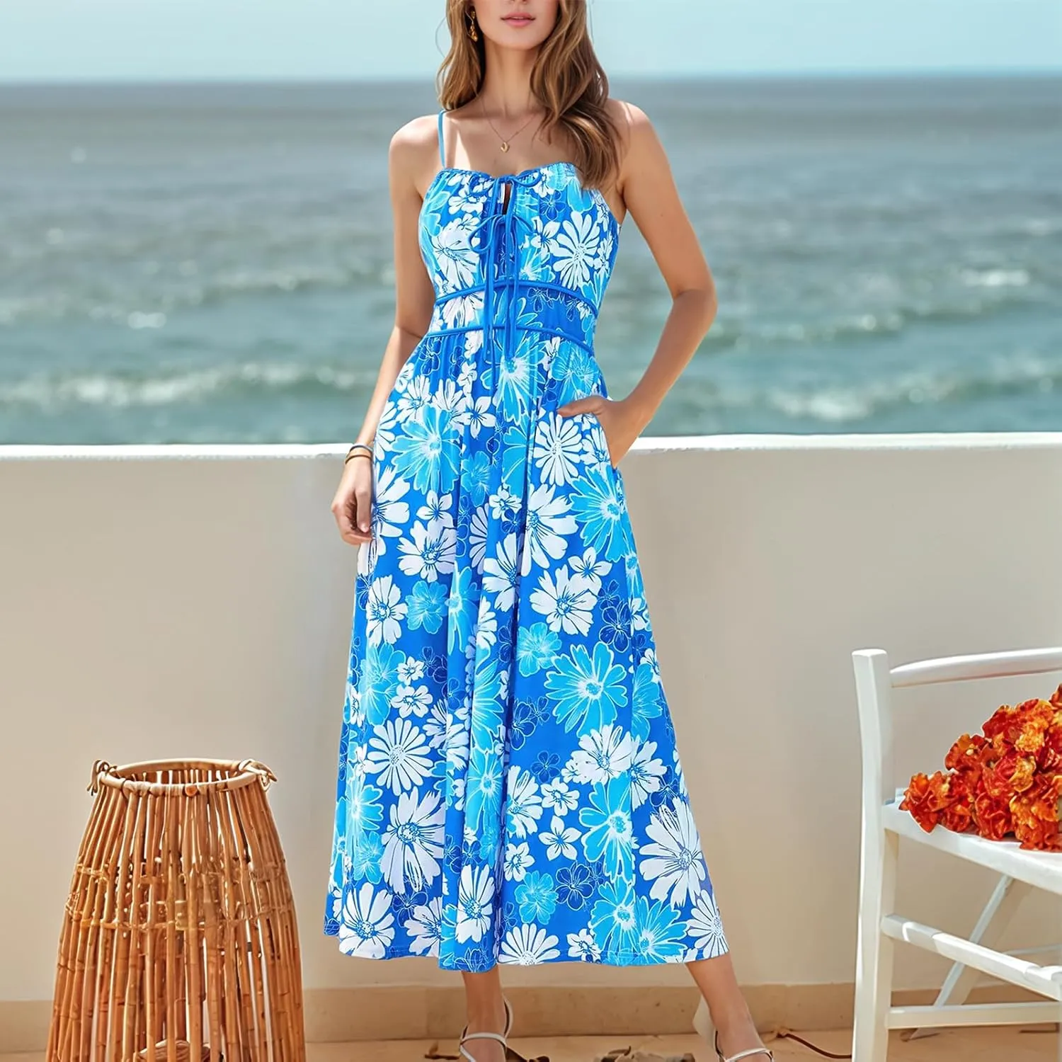 Sundresses for Women Summer Casual Sleeveless Floral Maxi Dresses Lace Up Corset Dress Boho Flowy Beach Dresses