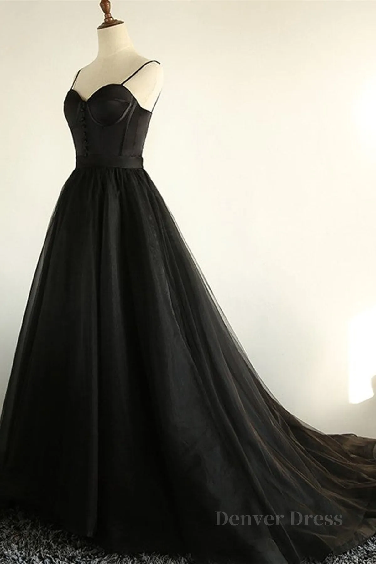 Sweetheart Neck Black Tulle Long Prom Dress Thin Straps Black Formal Evening Dress Black Ball Gown