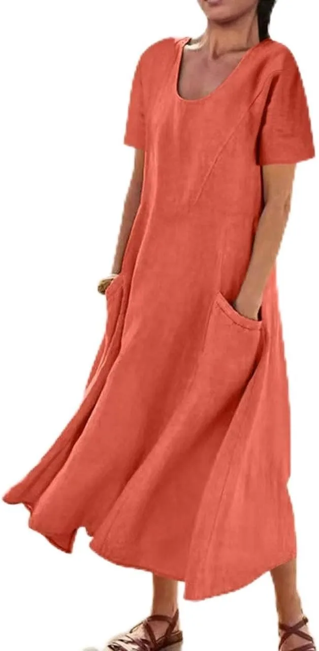 Swing Dresses for Women Summer Casual Short Sleeve Cotton Linen Dress Loose Ruffle Flowy Maxi Dress with Pockets 2025