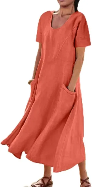 Swing Dresses for Women Summer Casual Short Sleeve Cotton Linen Dress Loose Ruffle Flowy Maxi Dress with Pockets 2025