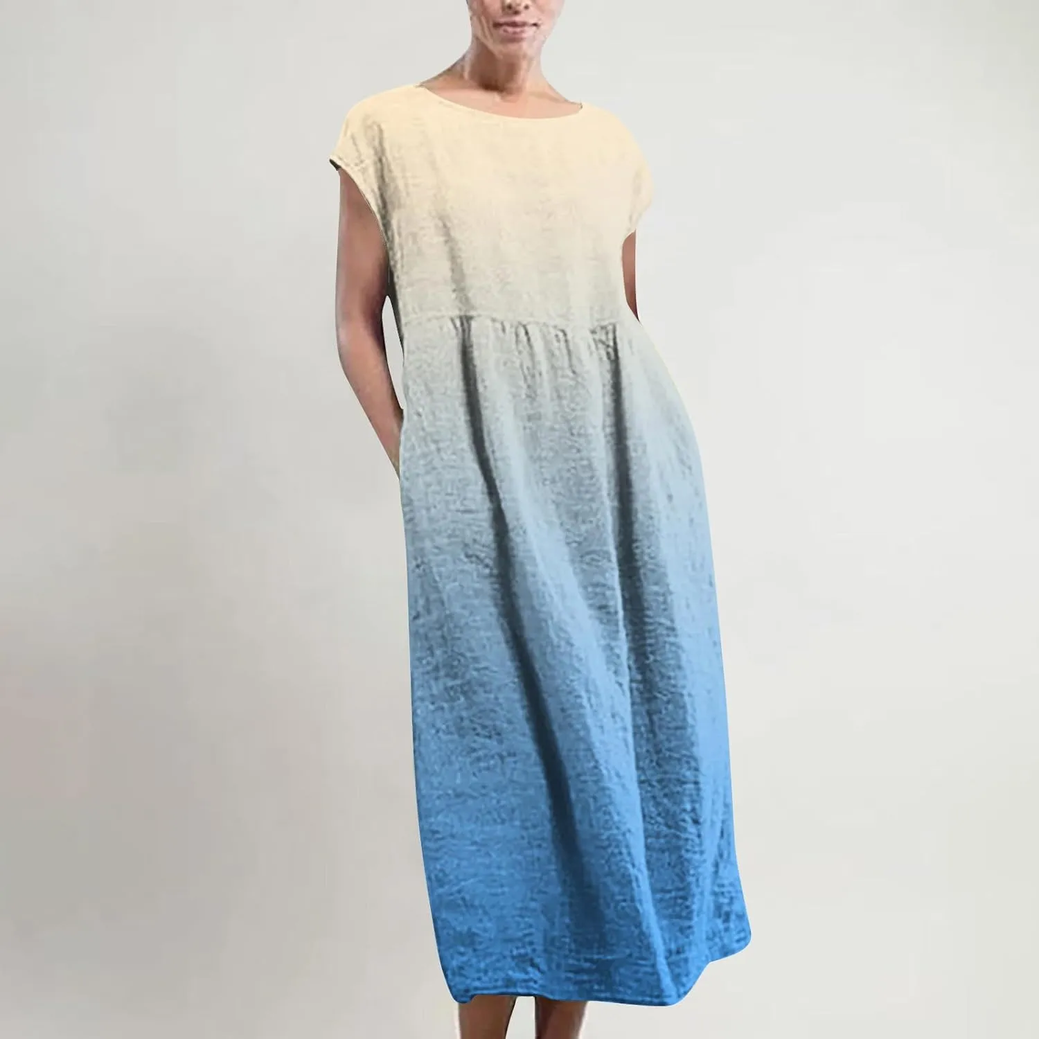 TANGNADE Plus Size Cotton Linen Dresses for Women Short Sleeve Summer Maxi Dress with Pockets Flowy Vacation Dresses