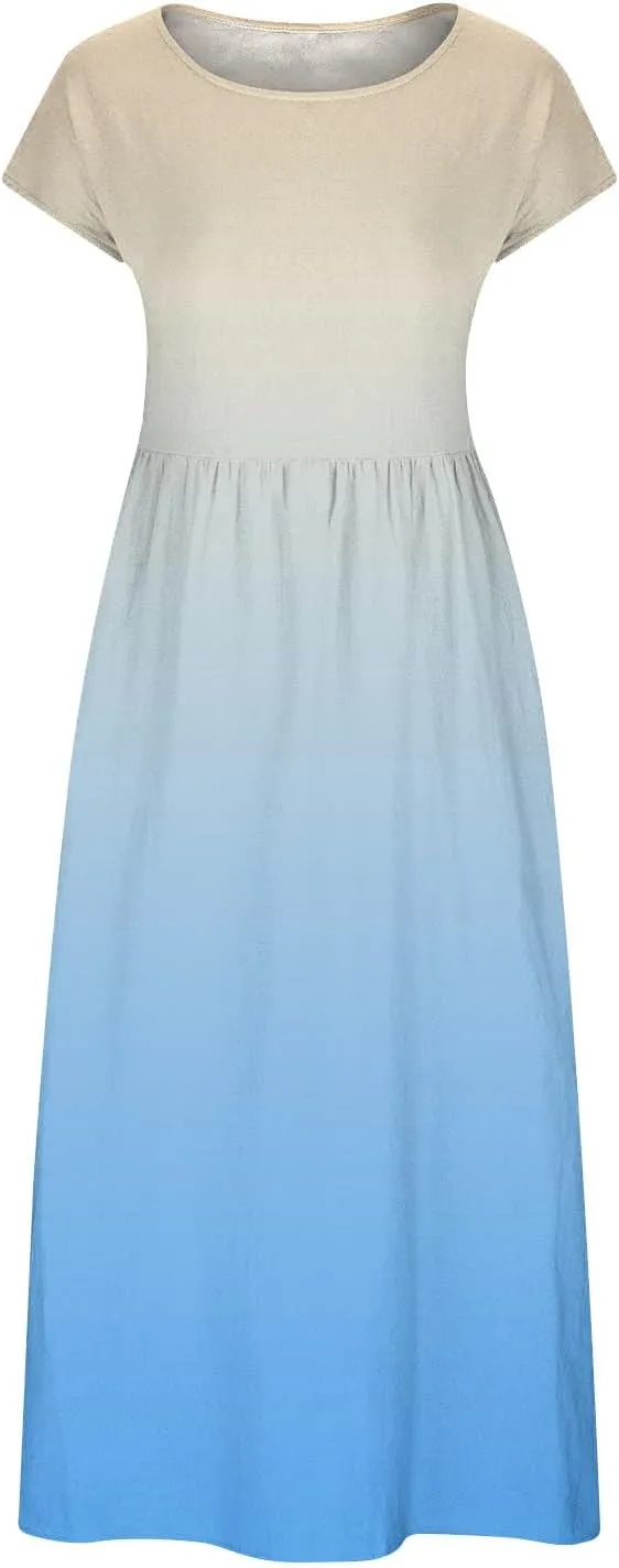 TANGNADE Plus Size Cotton Linen Dresses for Women Short Sleeve Summer Maxi Dress with Pockets Flowy Vacation Dresses