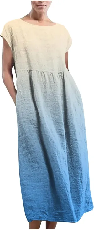 TANGNADE Plus Size Cotton Linen Dresses for Women Short Sleeve Summer Maxi Dress with Pockets Flowy Vacation Dresses