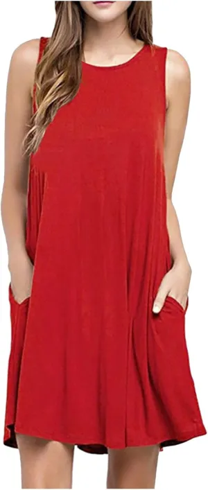 Tank Dresses for Women Summer Sleeveless Round Neck Casual Dress Flowy Solid Color Swing Mini Dress with Pockets