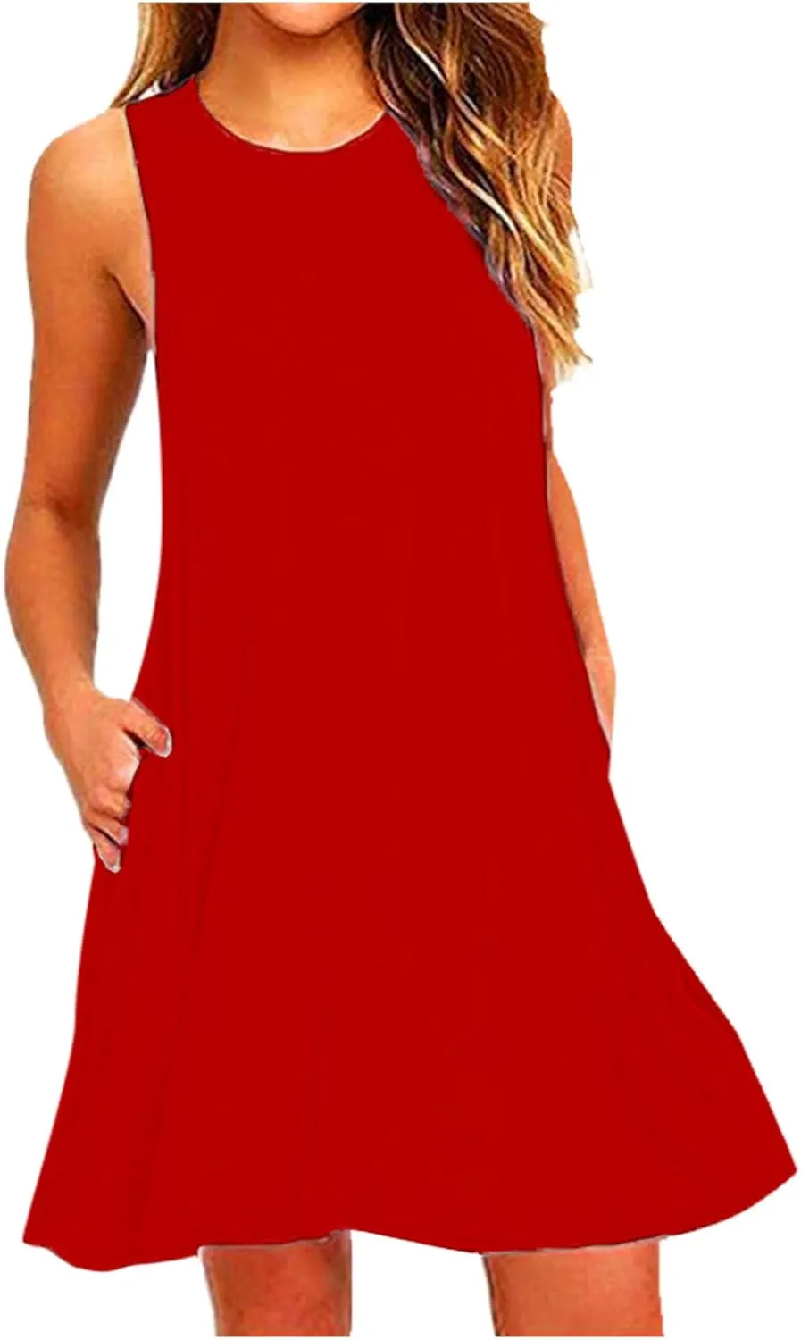 Tank Dresses for Women Summer Sleeveless Round Neck Casual Dress Flowy Solid Color Swing Mini Dress with Pockets