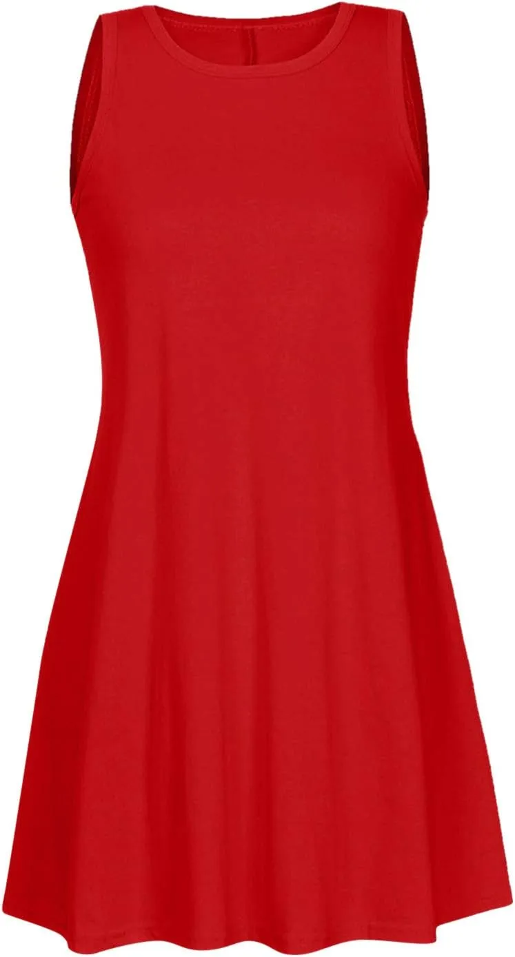 Tank Dresses for Women Summer Sleeveless Round Neck Casual Dress Flowy Solid Color Swing Mini Dress with Pockets