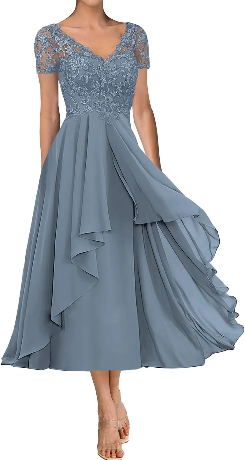 Tea Length Mother of The Bride Dresses for Wedding Lace Wedding Guest Groom Dresses Applique V Neck Ruffle Short Sleeve