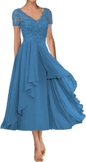 Tea Length Mother of The Bride Dresses for Wedding Lace Wedding Guest Groom Dresses Applique V Neck Ruffle Short Sleeve