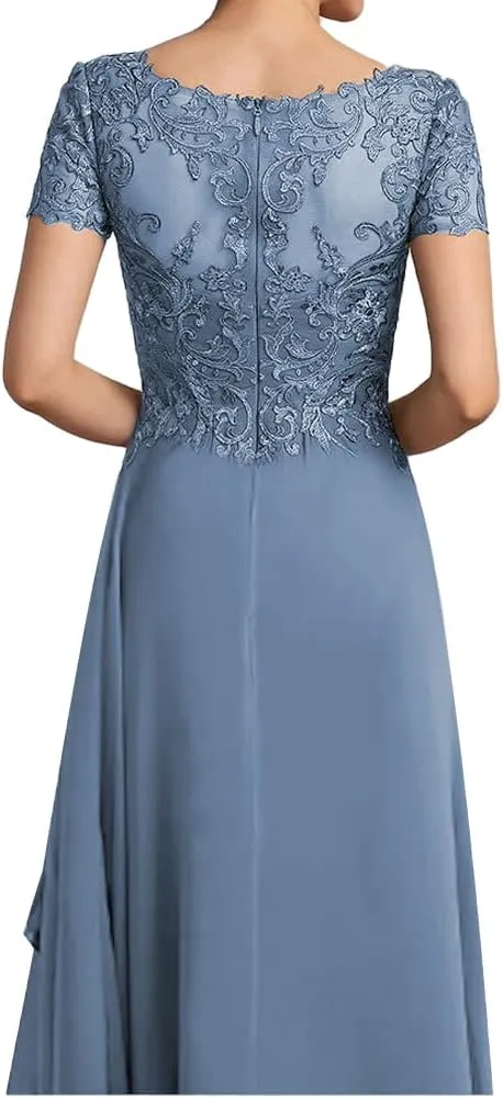 Tea Length Mother of The Bride Dresses for Wedding Lace Wedding Guest Groom Dresses Applique V Neck Ruffle Short Sleeve