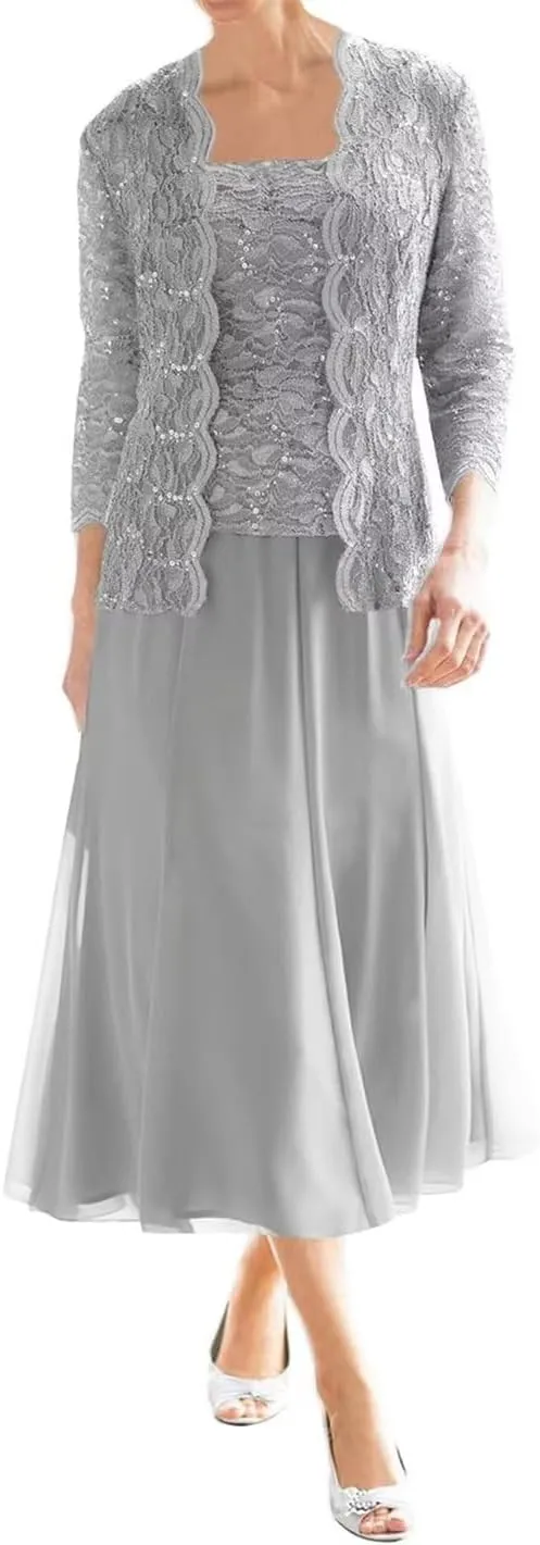 Tea Length Mother of The Bride Dresses for Wedding with Jacket Chiffon Lace Formal Evening Gowns