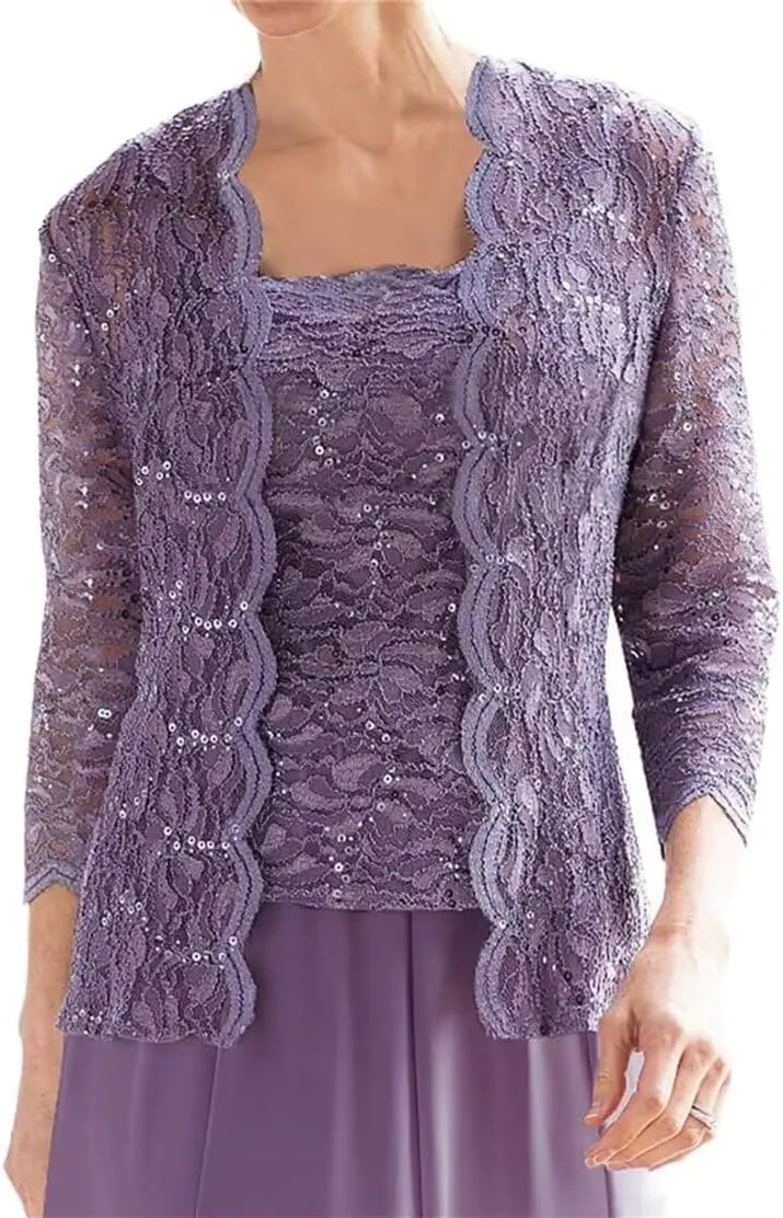 Tea Length Mother of The Bride Dresses for Wedding with Jacket Chiffon Lace Formal Evening Gowns