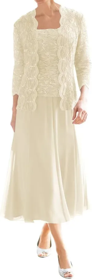 Tea Length Mother of The Bride Dresses for Wedding with Jacket Chiffon Lace Formal Evening Gowns