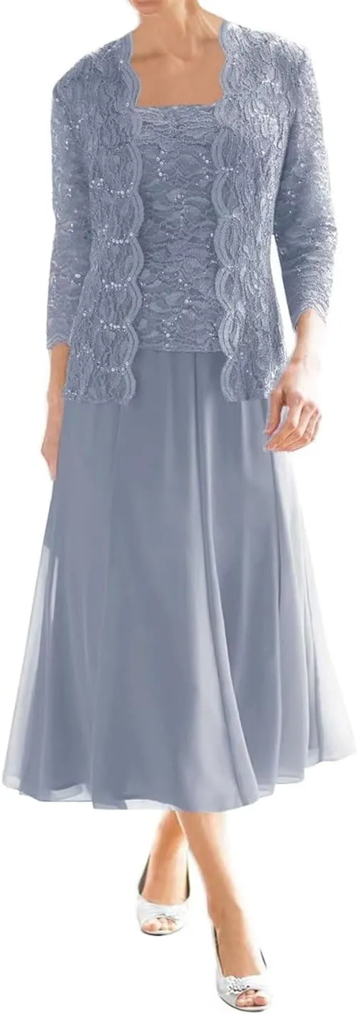 Tea Length Mother of The Bride Dresses for Wedding with Jacket Chiffon Lace Formal Evening Gowns