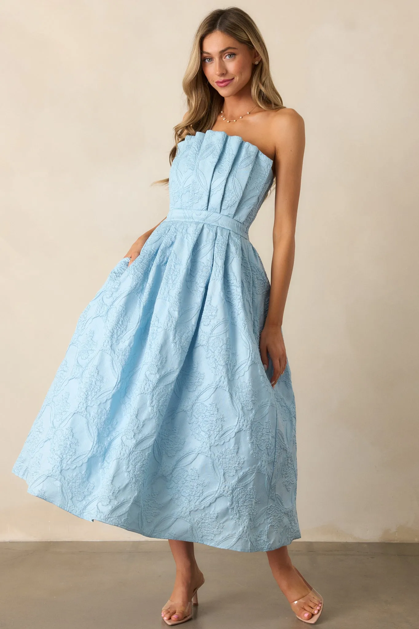 The Genevieve Sky Blue Floral Jacquard Strapless Midi Dress