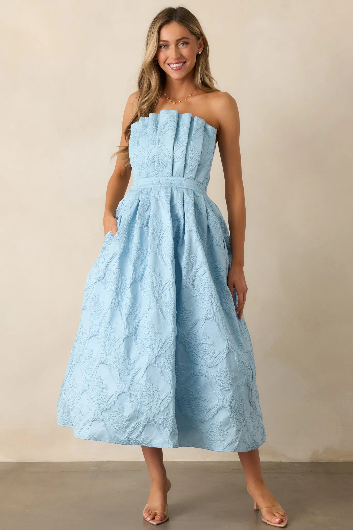 The Genevieve Sky Blue Floral Jacquard Strapless Midi Dress