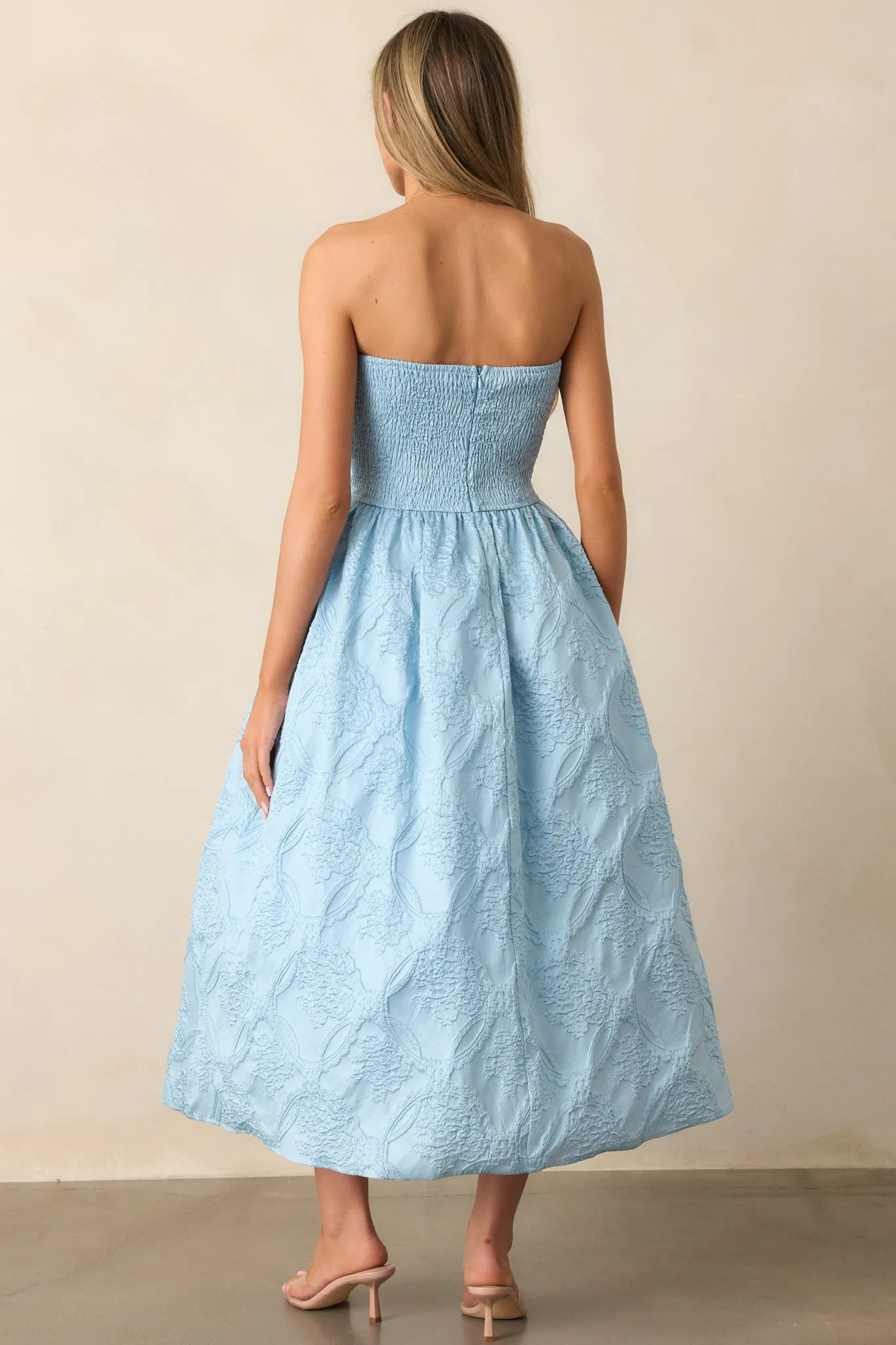 The Genevieve Sky Blue Floral Jacquard Strapless Midi Dress