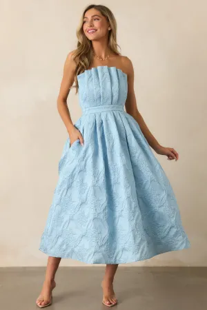 The Genevieve Sky Blue Floral Jacquard Strapless Midi Dress