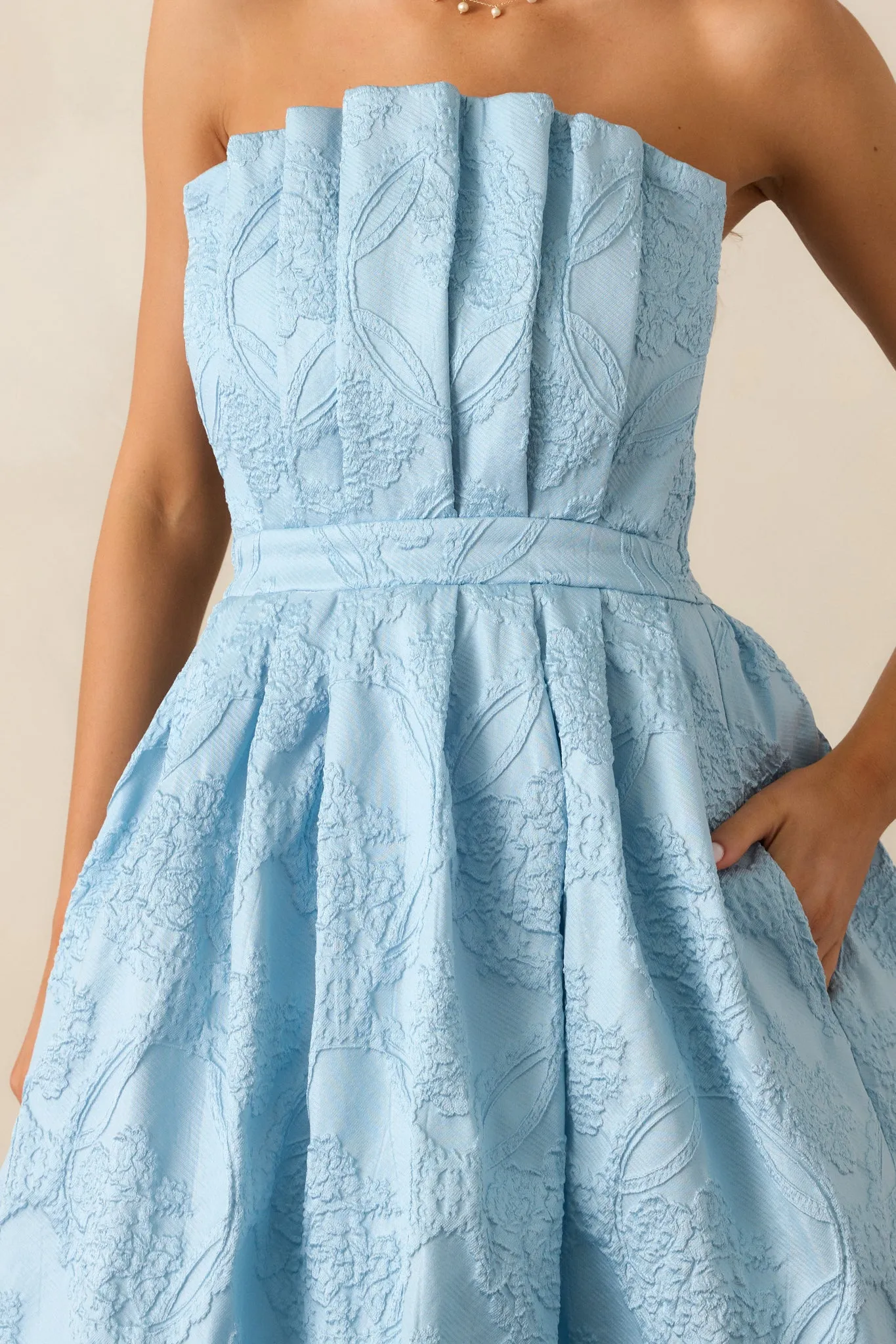 The Genevieve Sky Blue Floral Jacquard Strapless Midi Dress