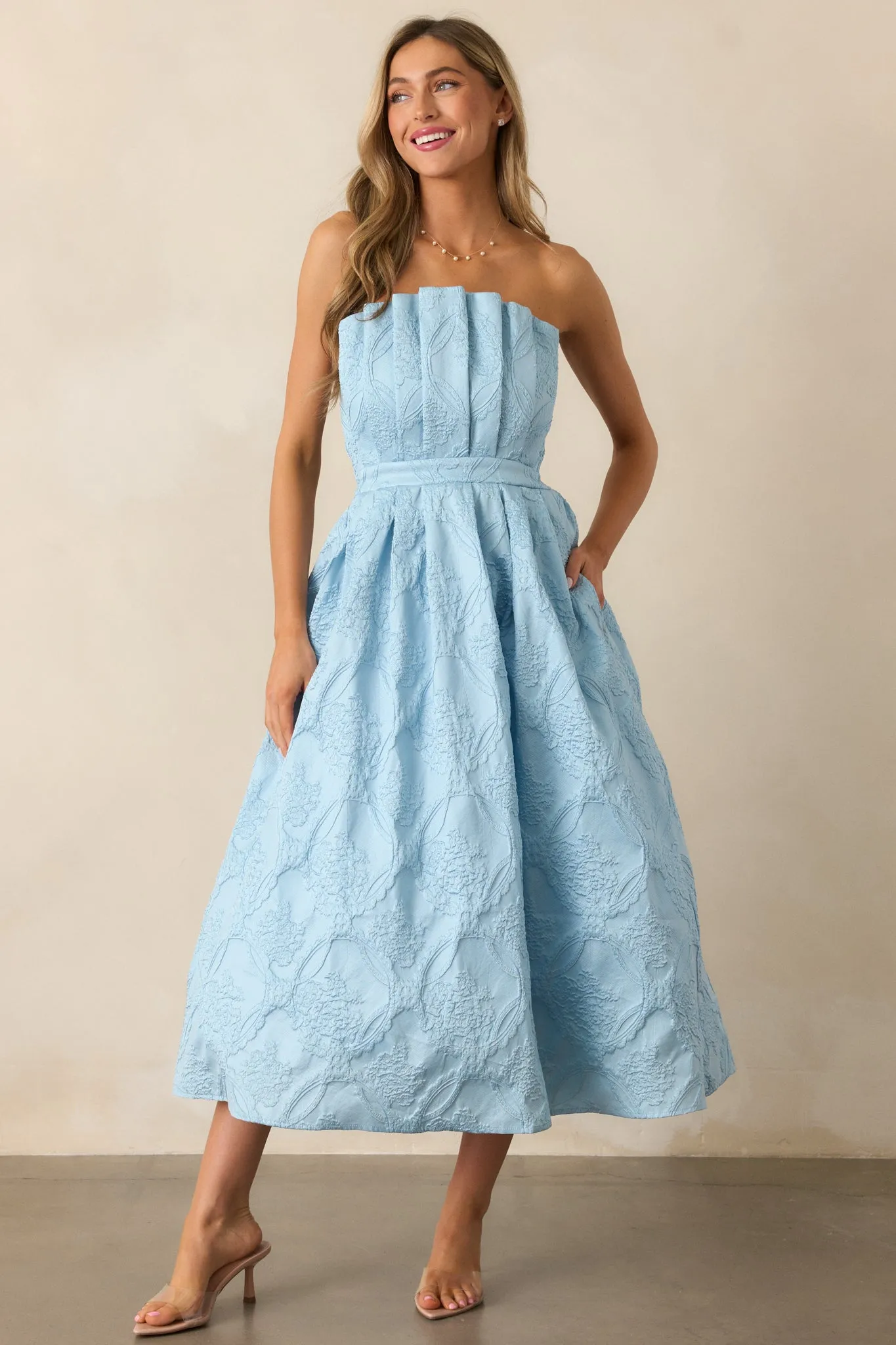 The Genevieve Sky Blue Floral Jacquard Strapless Midi Dress