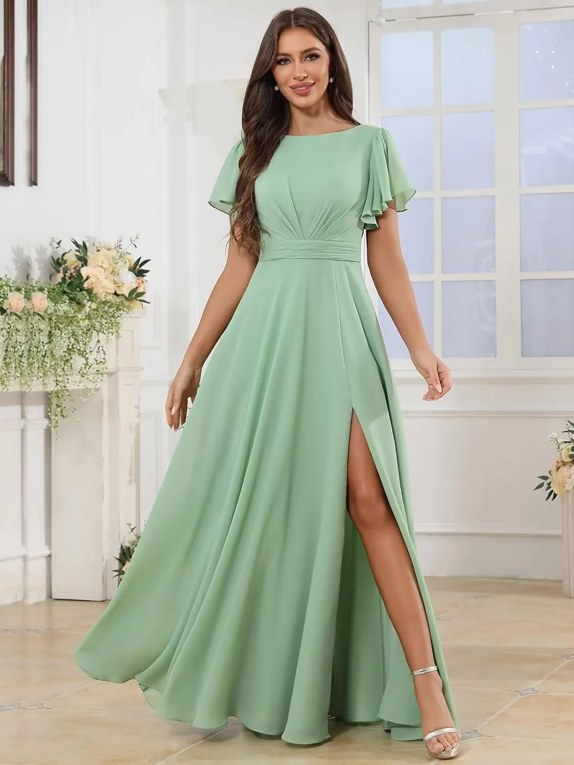 TORYEMY Chiffon Bridesmaid Dresses with Sleeves Slit Long Modest Formal Evening Dress for Women