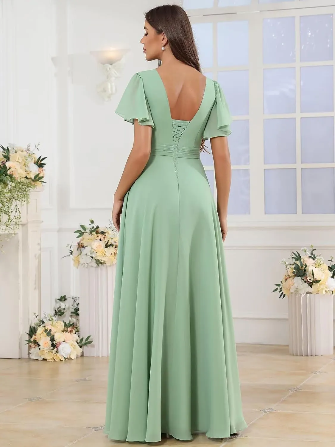 TORYEMY Chiffon Bridesmaid Dresses with Sleeves Slit Long Modest Formal Evening Dress for Women