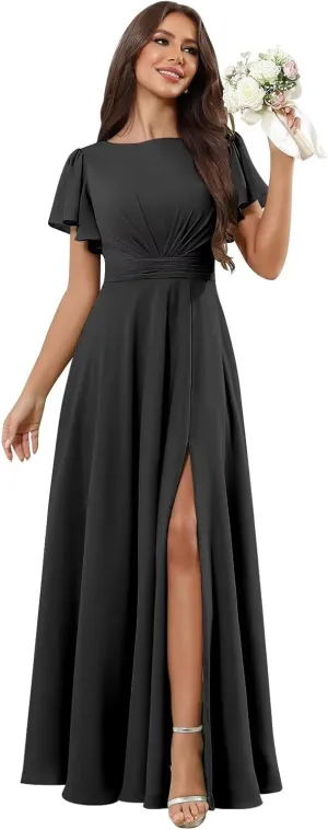 TORYEMY Chiffon Bridesmaid Dresses with Sleeves Slit Long Modest Formal Evening Dress for Women