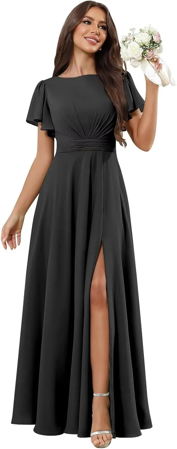 TORYEMY Chiffon Bridesmaid Dresses with Sleeves Slit Long Modest Formal Evening Dress for Women