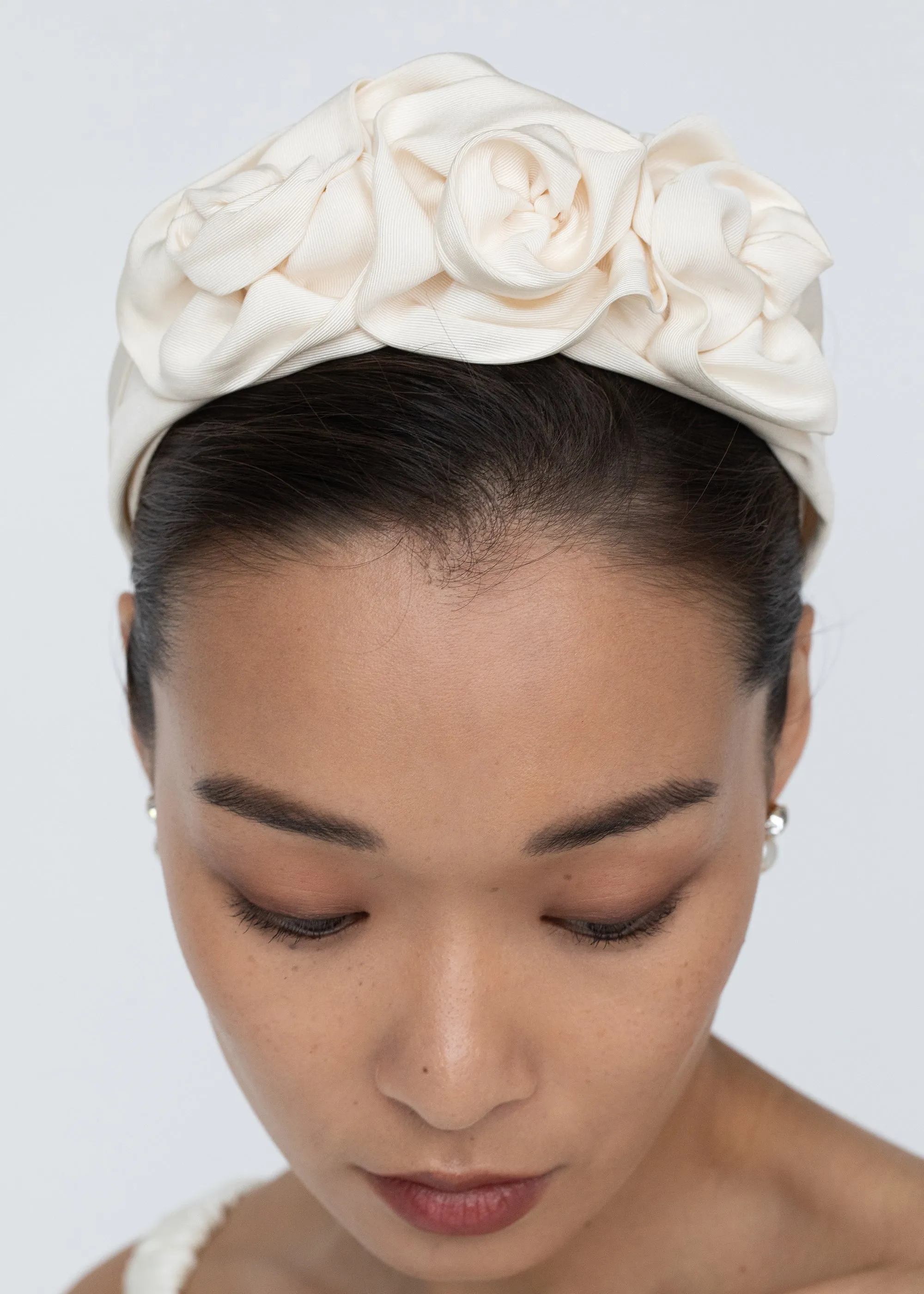 Triple Rosette Headband in Silk Faille -- Cream