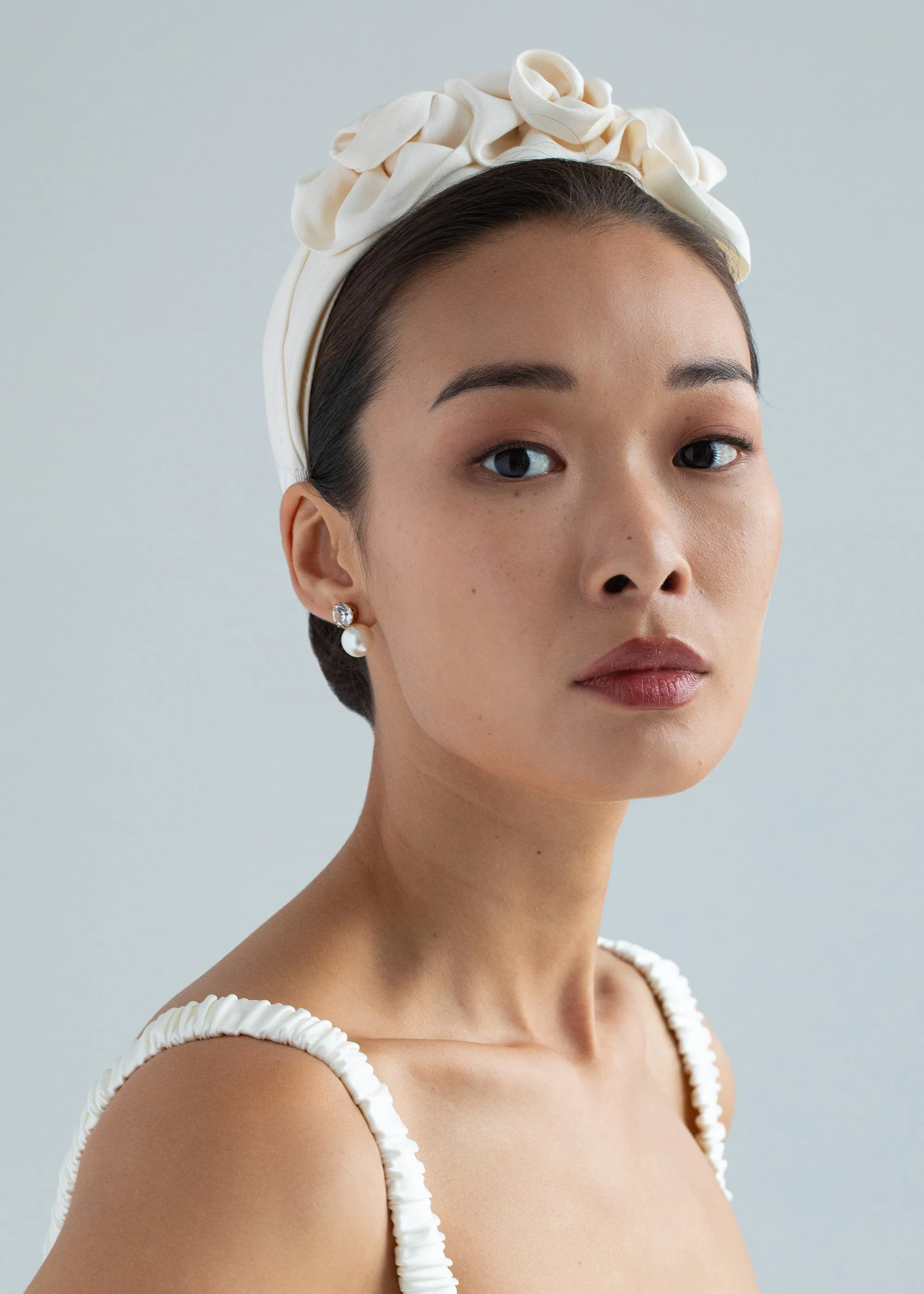 Triple Rosette Headband in Silk Faille -- Cream