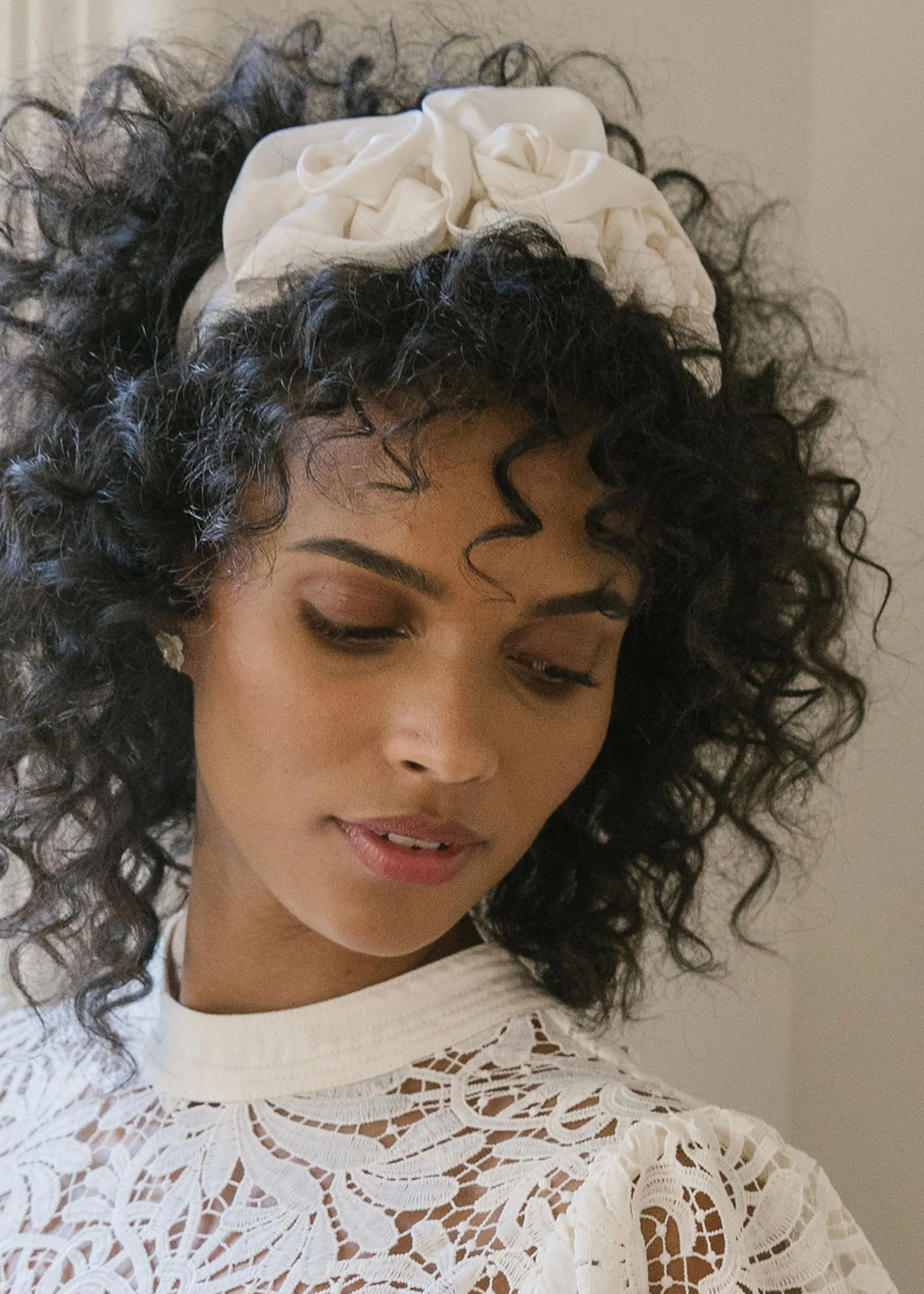 Triple Rosette Headband in Silk Faille -- Cream