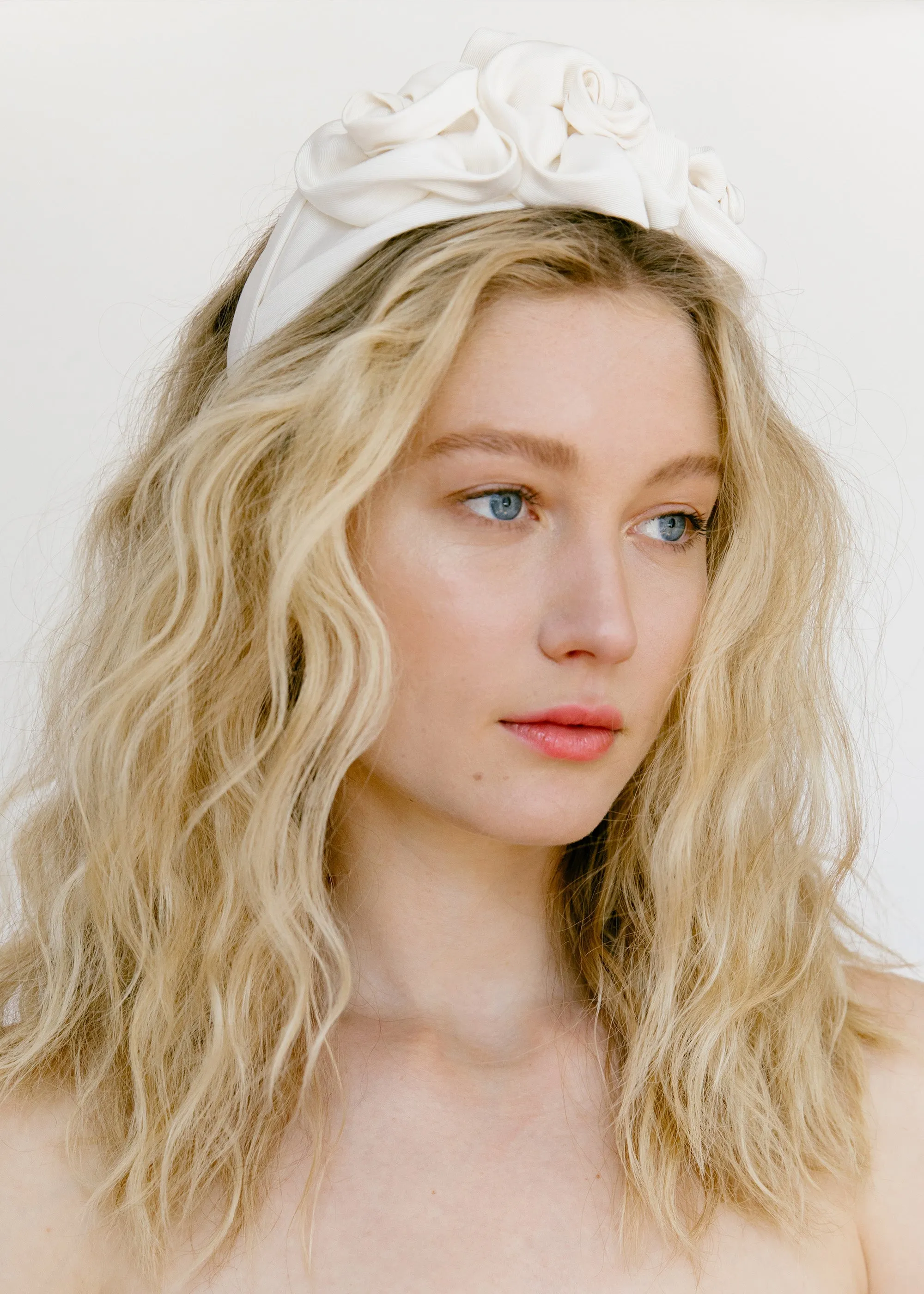 Triple Rosette Headband in Silk Faille -- Cream