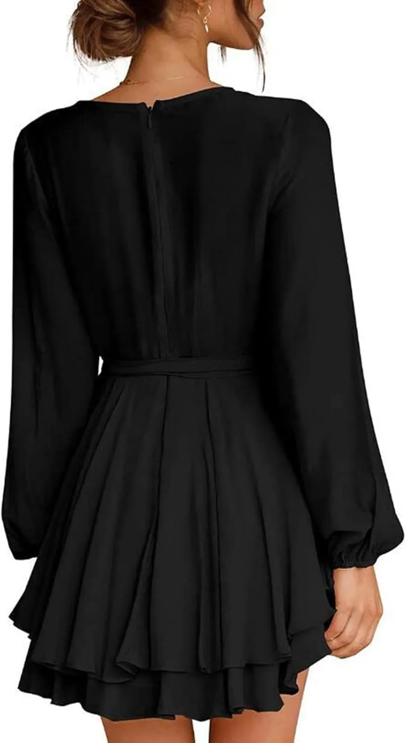 tuduoms Summer Womens Dress Irregular Hem Peplum Dresses Deep V-neck Long Sleeve Waist Tie Ruffle Mini Swing Skater Dresses