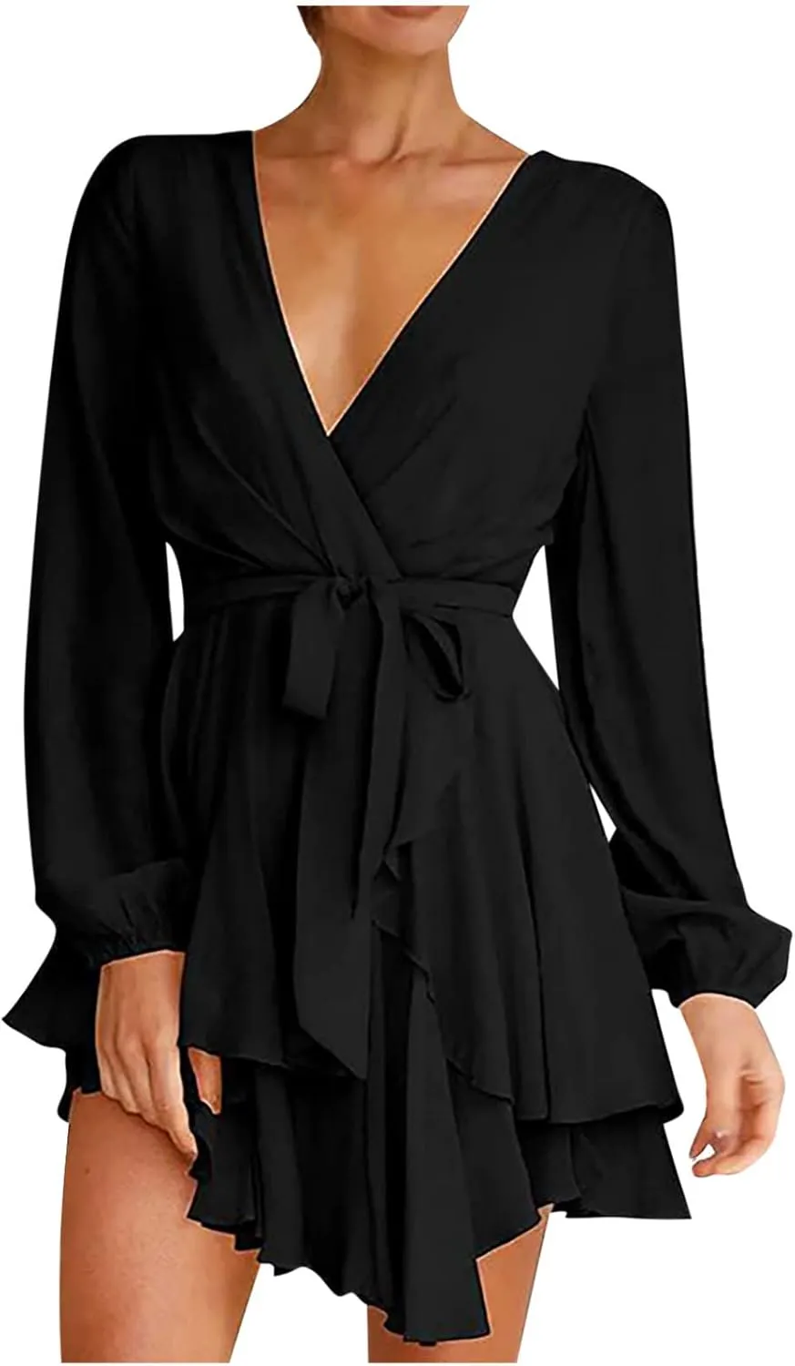 tuduoms Summer Womens Dress Irregular Hem Peplum Dresses Deep V-neck Long Sleeve Waist Tie Ruffle Mini Swing Skater Dresses