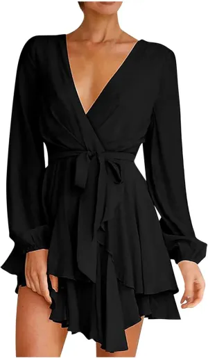 tuduoms Summer Womens Dress Irregular Hem Peplum Dresses Deep V-neck Long Sleeve Waist Tie Ruffle Mini Swing Skater Dresses