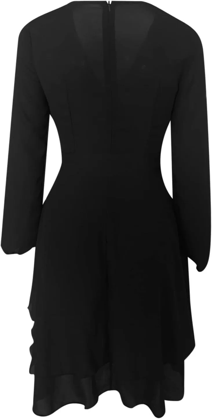 tuduoms Summer Womens Dress Irregular Hem Peplum Dresses Deep V-neck Long Sleeve Waist Tie Ruffle Mini Swing Skater Dresses