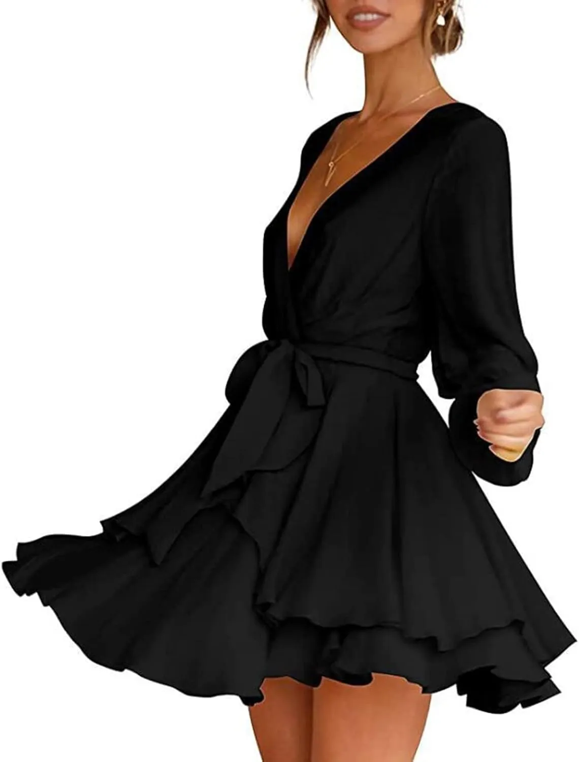 tuduoms Summer Womens Dress Irregular Hem Peplum Dresses Deep V-neck Long Sleeve Waist Tie Ruffle Mini Swing Skater Dresses