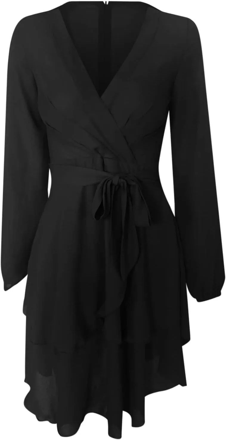 tuduoms Summer Womens Dress Irregular Hem Peplum Dresses Deep V-neck Long Sleeve Waist Tie Ruffle Mini Swing Skater Dresses