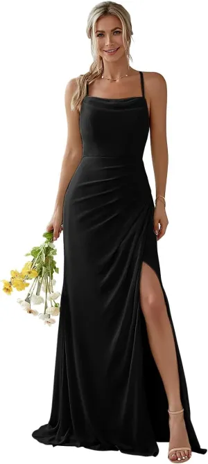 Tulle Bridesmaid Dresses for Women with Slit Spaghetti Strap Formal Evening Gown Pleated A Line Maxi Dress