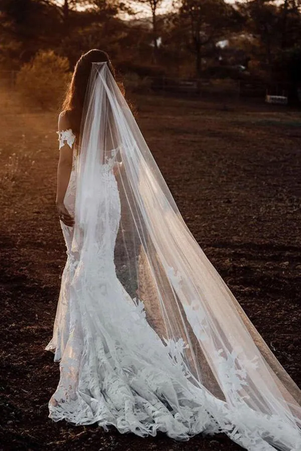 Tulle Mermaid Off Shoulder Rustic Wedding Dresses With Lace Appliques, SW490