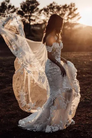 Tulle Mermaid Off Shoulder Rustic Wedding Dresses With Lace Appliques, SW490